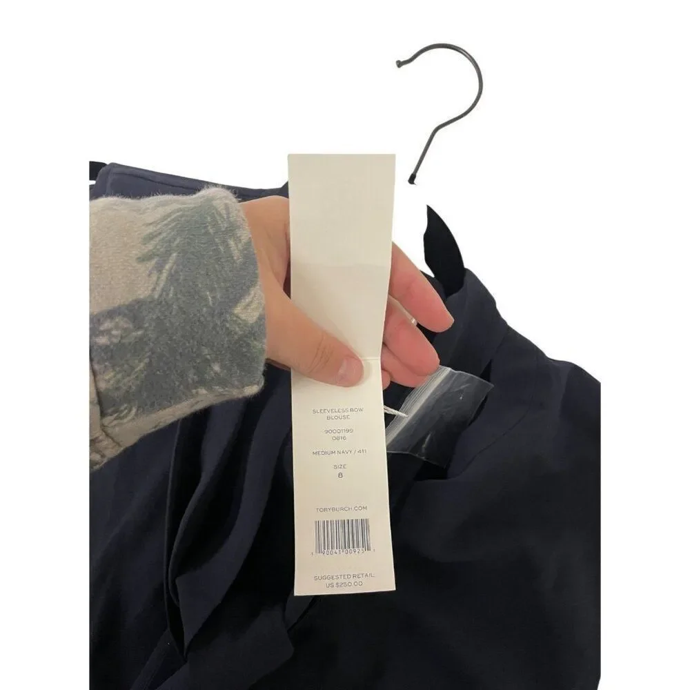 Tory Burch Womens Sleeveless Bow Blouse Shirt Top Size 8 Navy Blue NWT $250